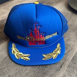 Vintage Blue Walt Disney World Trucker Hat with Gold Embroidery